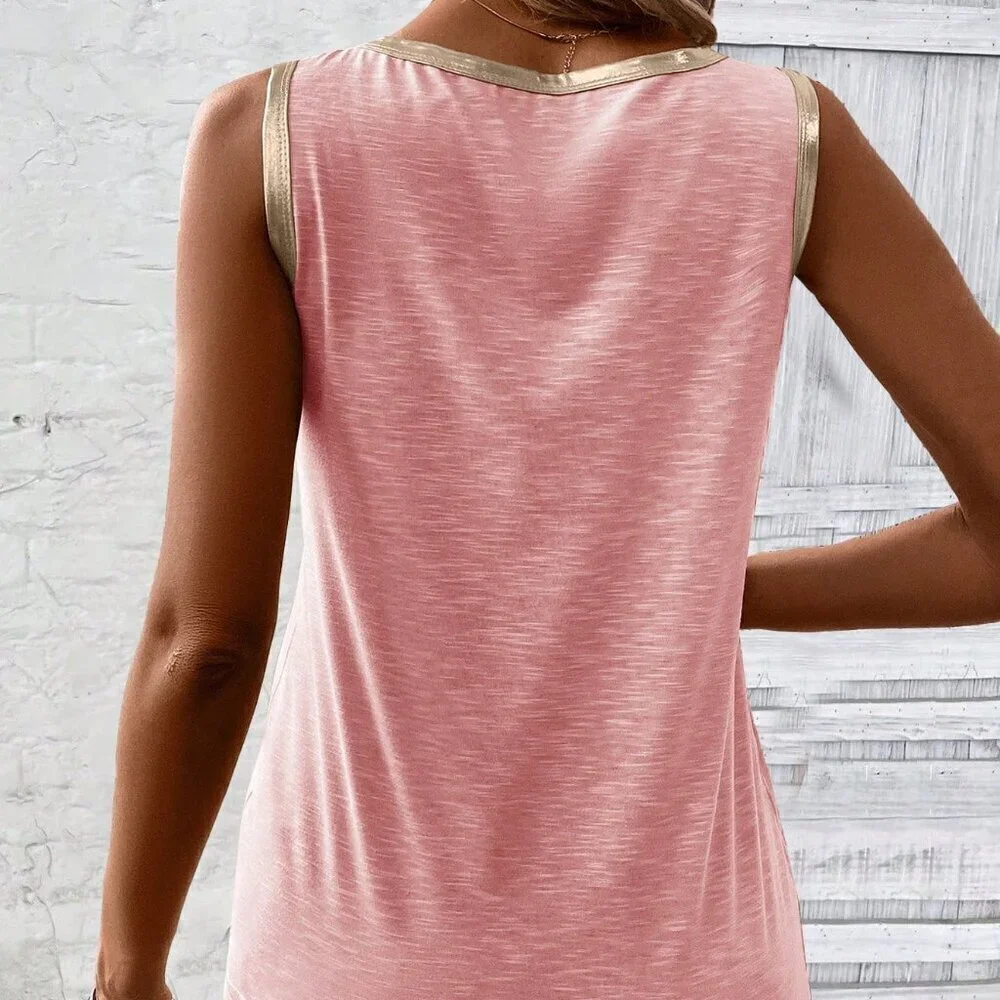 Pink Casual Women's Spring & Summer V-Neck Solid Color Loose Fit Vest